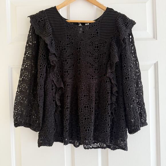Anthropologie Eyelet Ruffled Sheer Black Top Long Sleeves Size 12 Prairie Boho - Picture 1 of 10